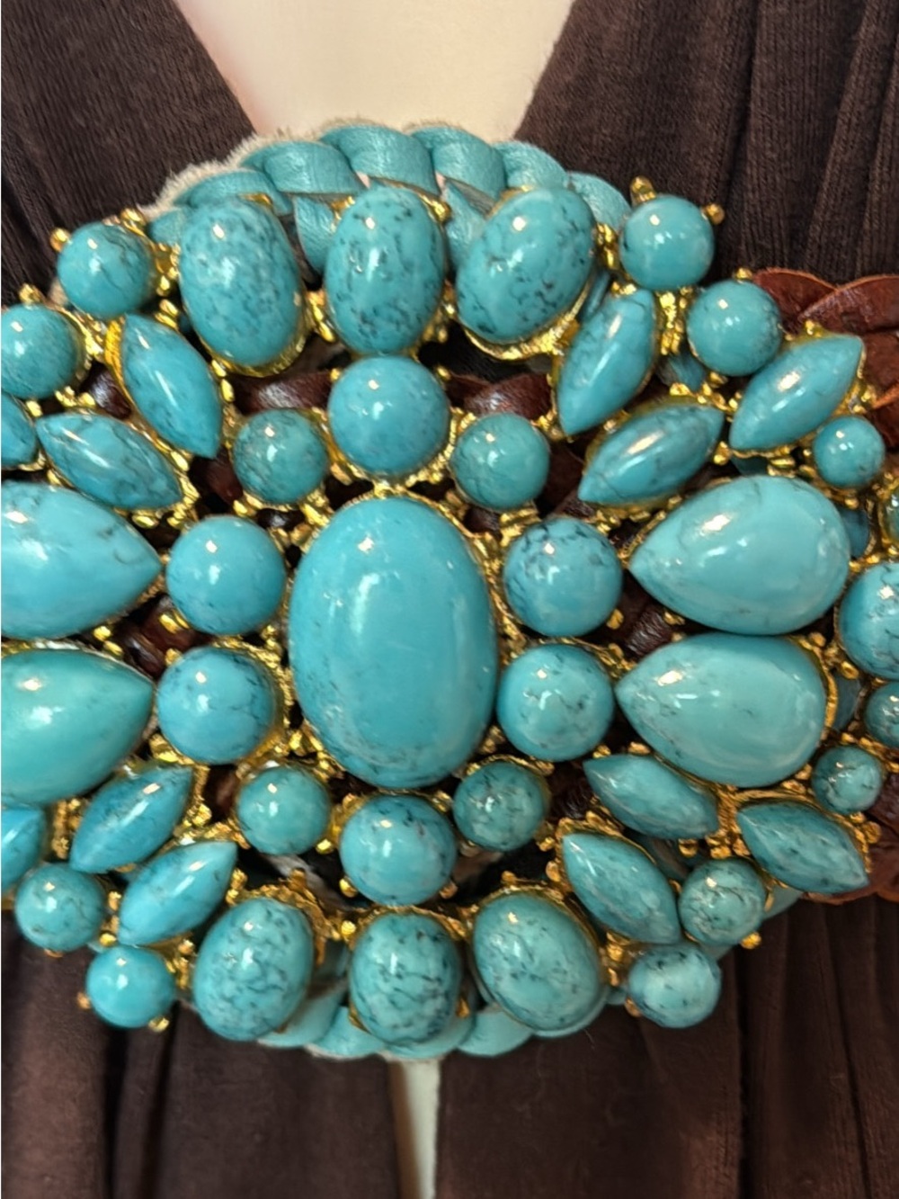 Sky Brown Tank Top Turquoise gold Beaded jewels small leather v neck cap sleeve - Picture 4 of 5